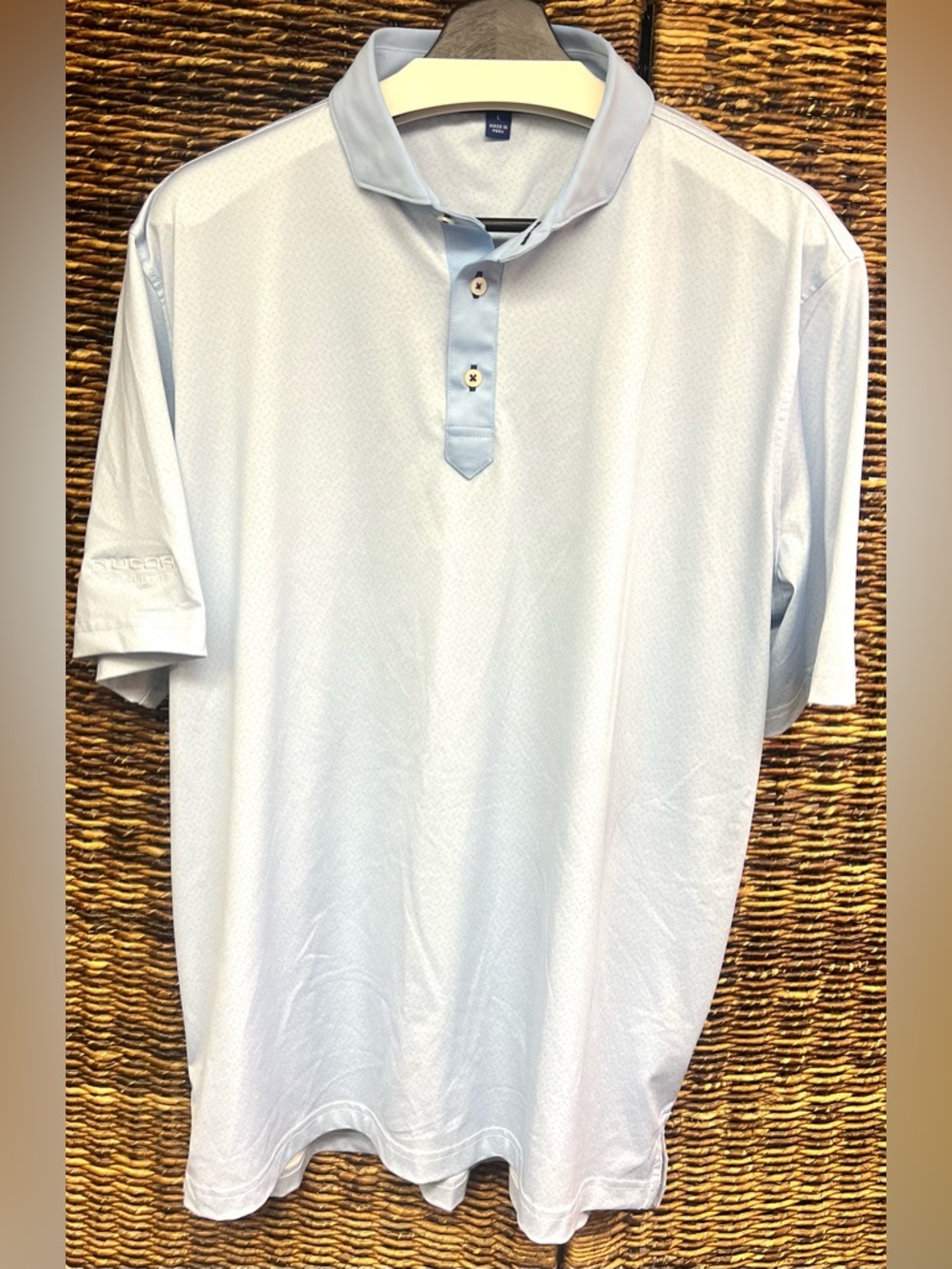 Stitch- Light Blue Men's Polo Shirt - Perform Short Sleeve-Logo on sleeve, Large